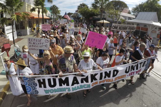 A crowd marches down Duval Street in Key West, Fla, Saturday, Jan. 21, 2017. The march was one of many across the U.S. on Friday to coincide with the Woman's March on Washington calling for equal rights for women, minorities and the LGBT community (ROB O'NEAL/The Key West Citizen via AP) NYTCREDIT: Rob O'Neal/The Key West Citizen, via Associated Press