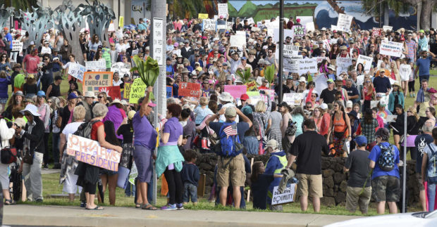 At least 5,000 people participated in the Women's March on Maui, which began Saturday, Jan. 21, 2017, on the campus of the University of Hawaii Maui College in Kahului, Hawaii. (Matthew Thayer/The News via AP) NYTCREDIT: Matthew Thayer/The News, via Associated Press