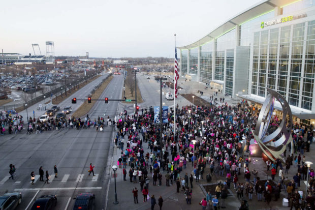People gather outside the CenturyLink Center before they march Saturday, Jan. 21, 2017, through downtown and the Old Market during the Women's March on Omaha in Omaha, Neb. (Sarah Hoffman/Omaha World-Herald via AP) NYTCREDIT: Sarah Hoffman/Omaha World-Herald, via Associated Press
