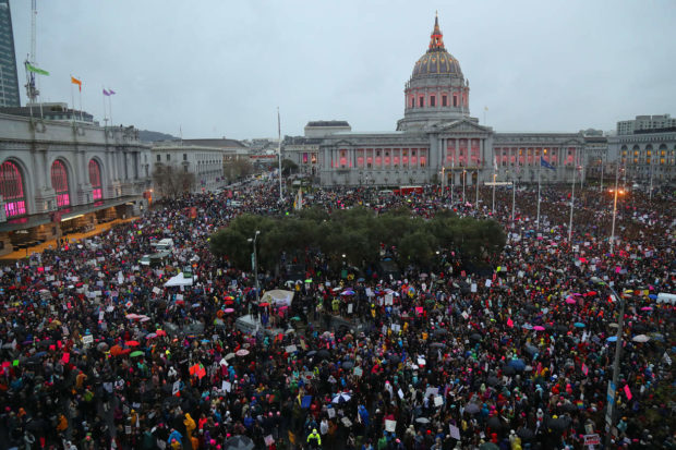 NYT/SAN FRANCISCO, CA--1/21/2017--NYTMARCH--WOMEN'S MARCH IN SF BAY AREA---at San Francisco's Civic Center Plaza, thousands of people gathered for the Women's March where they protested Donald Trump's election . . . . . . . . . . .. . . . . . . . .. . . .. . . . . . .. . . . . <<<<>>>>: Civic Center Plaza was packed as people gathered in San Francisco for the Women's march. CREDIT PHOTO--JIM WILSON/THE NEW YORK TIMES. 30201503A NYTCREDIT: Jim Wilson/The New York Times