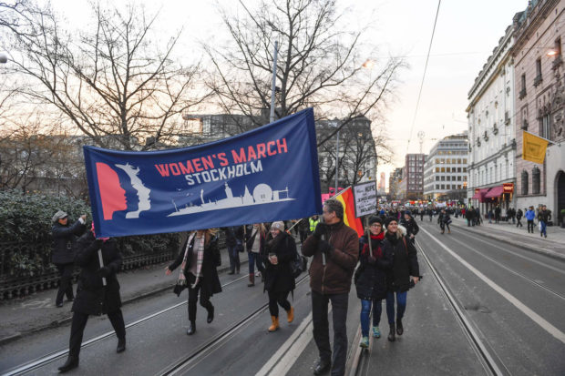 Protesters carrying banners and placards take part in a Women's March in Stockholm, Sweden, Saturday, Jan. 21, 2017. The march is part of a worldwide day of action following the inauguration of US president Donald Trump. (Pontus Lundahl/TT News Agency via AP) NYTCREDIT: Pontus Lundahl/Tt/TT NEWS AGENCY, via Associated Press
