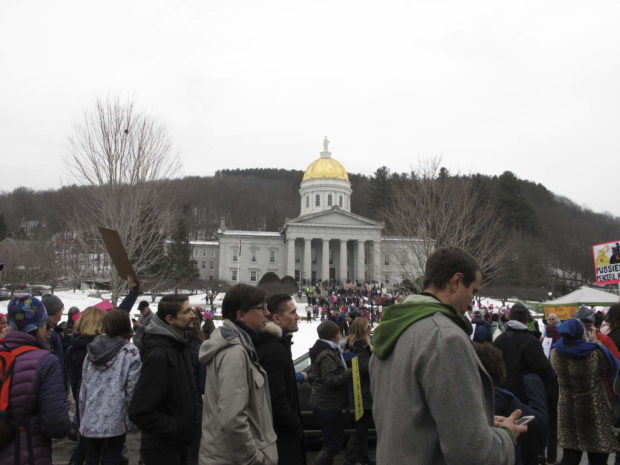 Demonstrators participate in a women's march and rally in Montpelier, Vt., on Saturday Jan. 21, 2017. The march is being held in solidarity with similar events taking place in Washington and around the nation. (AP Photo/Lisa Rathke) NYTCREDIT: Lisa Rathke/Associated Press