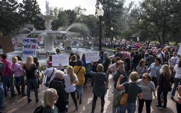 Protesters in the Women's March gather around Forsyth Fountain Saturday, Jan. 21, 2017, at the end of their event, in Savannah, Ga. (Josh Galemore/Savannah Morning News via AP) NYTCREDIT: Josh Galemore/Savannah Morning News, via Associated Press