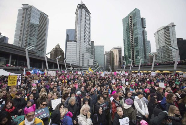 Thousands of people gather for a women's march and protest against U.S. President Donald Trump, in Vancouver, B.C., on Saturday, Jan. 21, 2017. Protests are being held across Canada today in support of the Women's March on Washington. Organizers say 30 events in all have been organized across Canada, including Ottawa, Toronto, Montreal and Vancouver. (Darryl Dyck/The Canadian Press via AP) NYTCREDIT: Darryl Dyck/The Canadian Press, via Associated Press