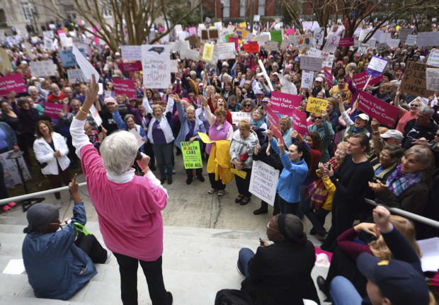 Pam McMahon, a volunteer with Planned Parenthood, speaks during the Wilmington Women's March next to Wilmington City Hall in Wilmington, N.C., Saturday, Jan. 21, 2017. (Matt Born/The Star-News via AP) NYTCREDIT: Matt Born/The Star-News, via Associated Press