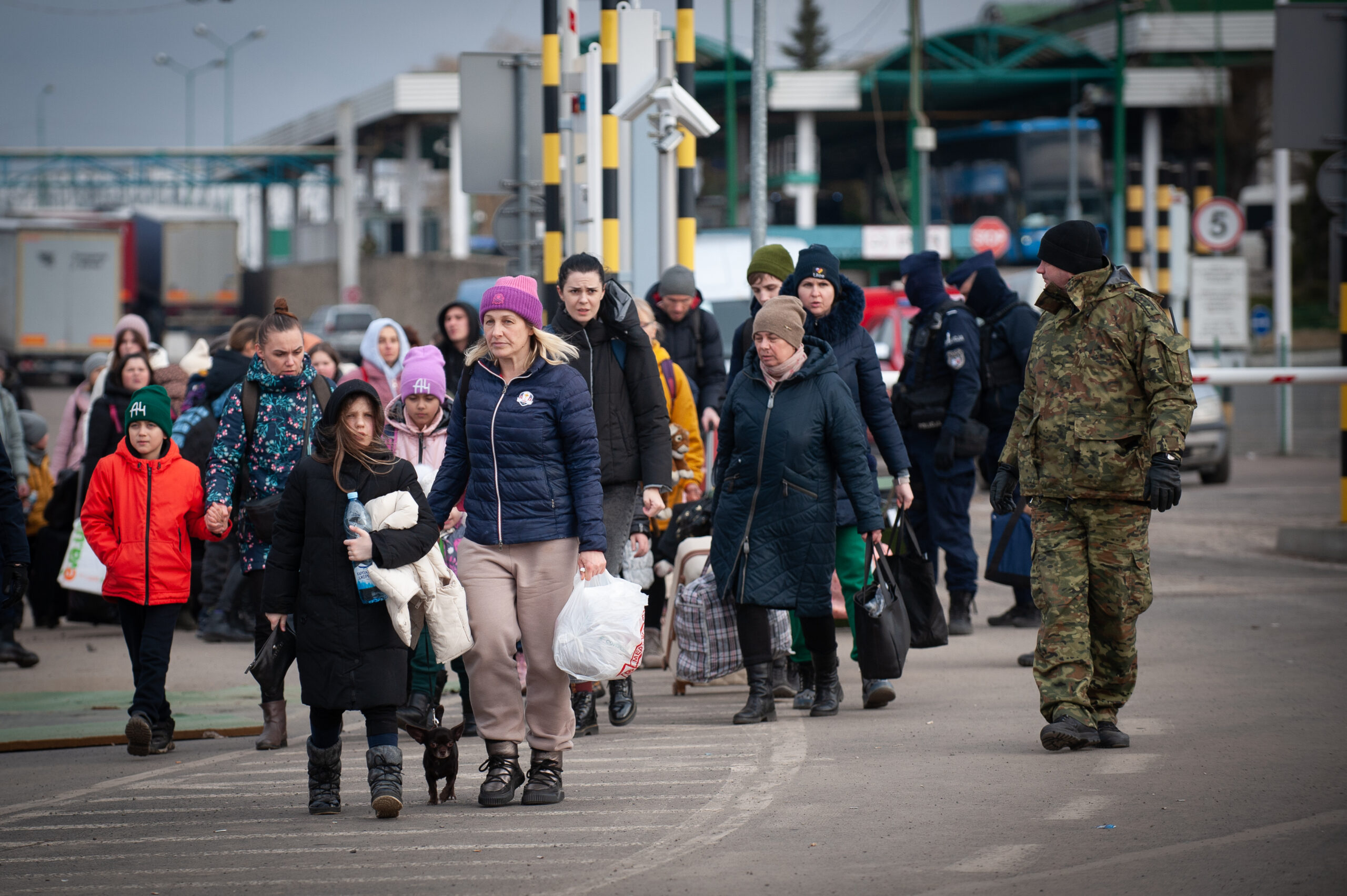 Refugees from Ukraine cross the border into Poland, crisis related to the war in Ukraine, in Medyka,  Polish-Ukrainian bordercross, Poland on March 2, 2022.